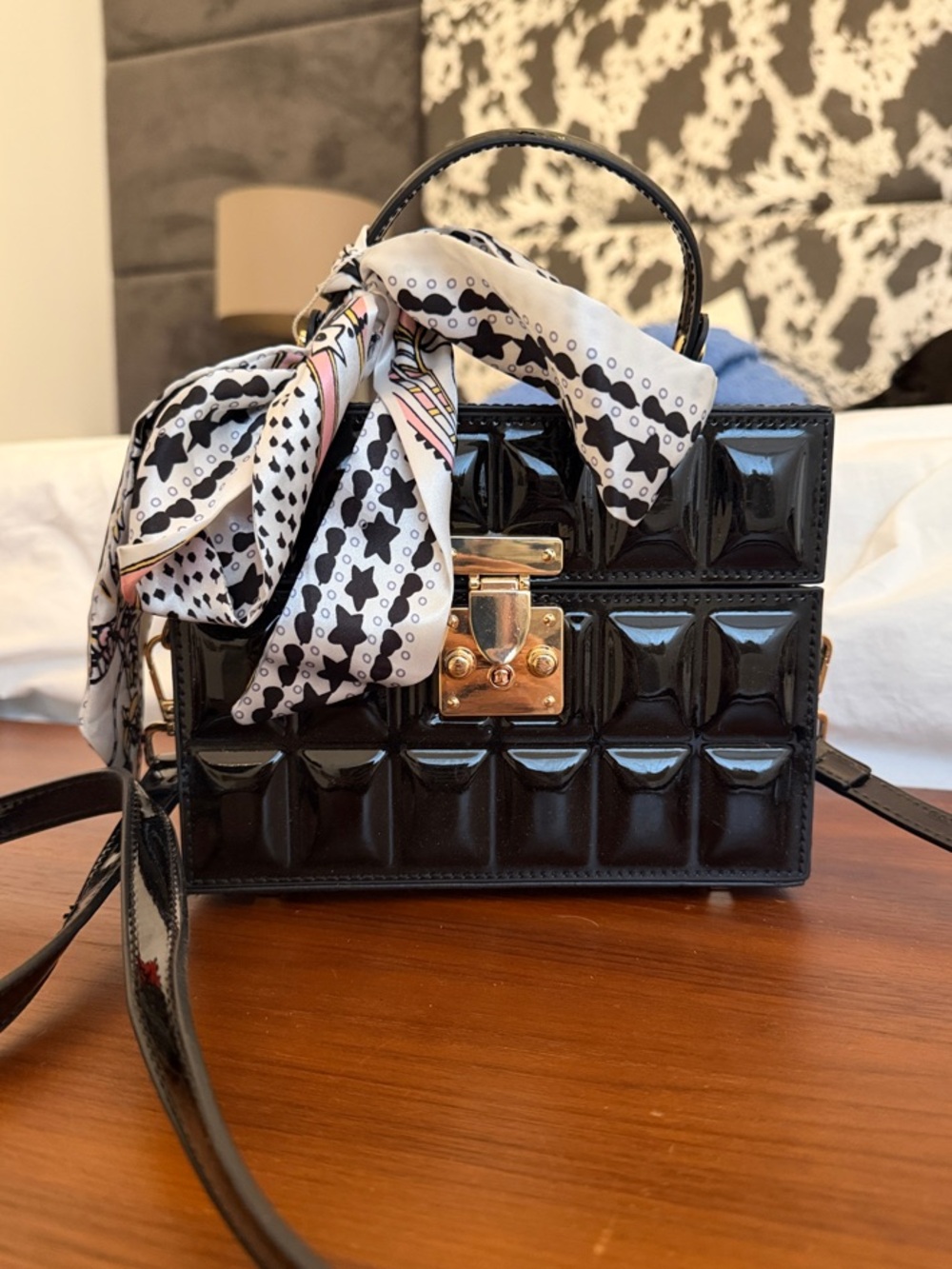 Black Patent Quilted Top-Handle Box Bag with Scarf Accent